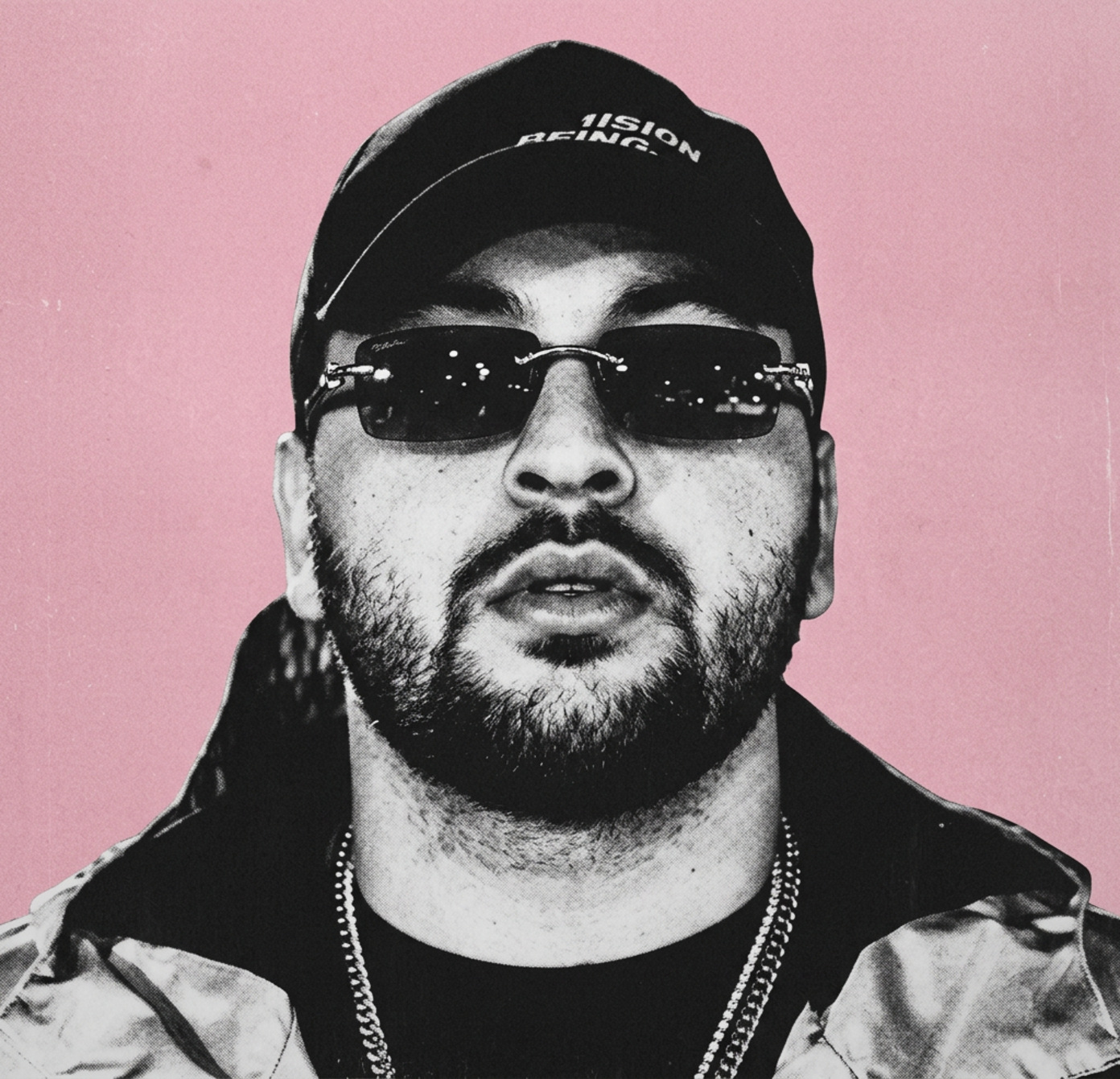 Close-up black-and-white portrait of Pink92 against a textured pink background with a subtle shadow overlay