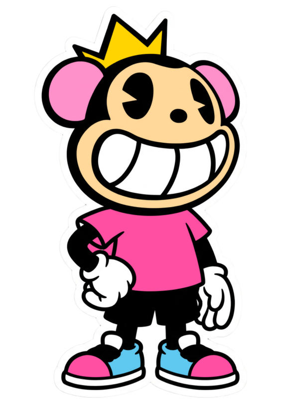 Full-body crowned monkey with a gold crown, pink shirt, and pink and blue sneakers