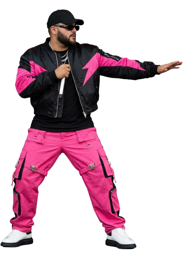 Pink92 holding a microphone and extending one arm in a wide performance stance