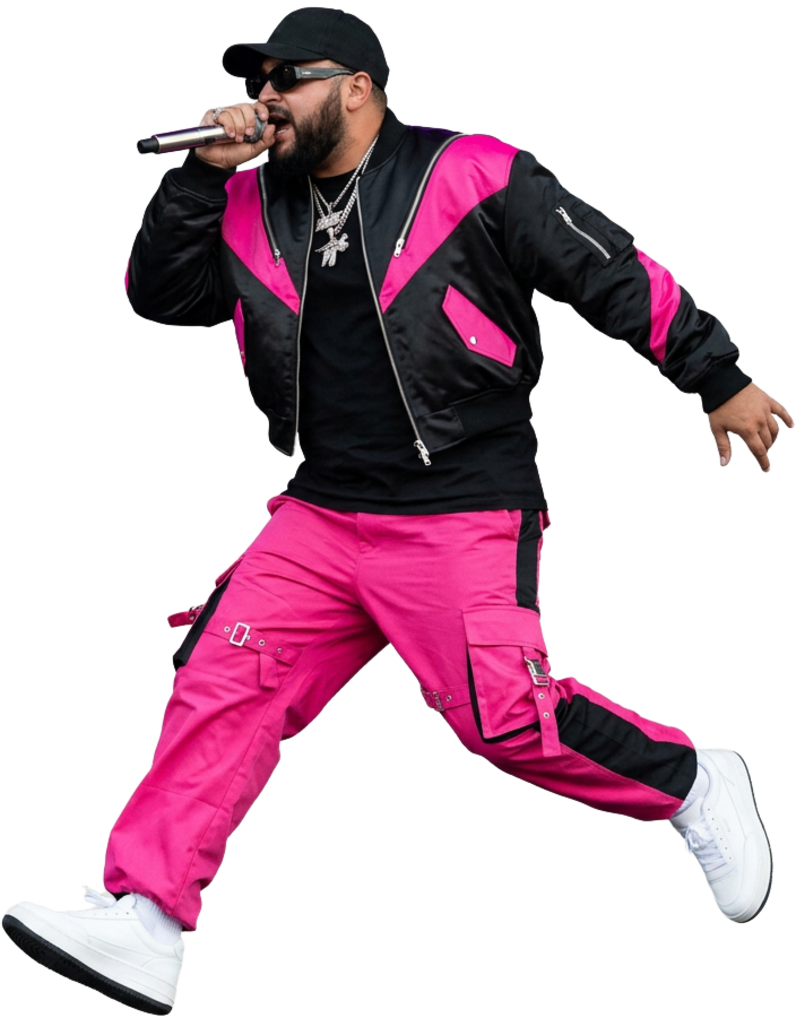 Pink92 singing into a microphone in a dynamic running pose, wearing black and hot pink streetwear