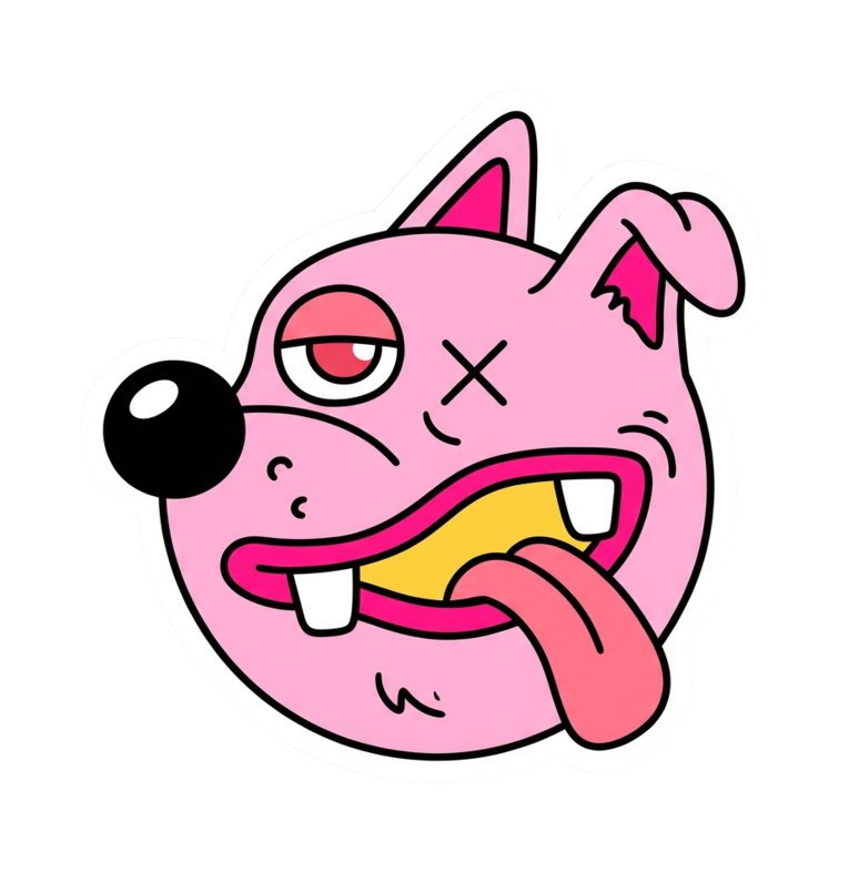 Pink cartoon dog face sticker with a yellow mouth, playful eyes, and a white border