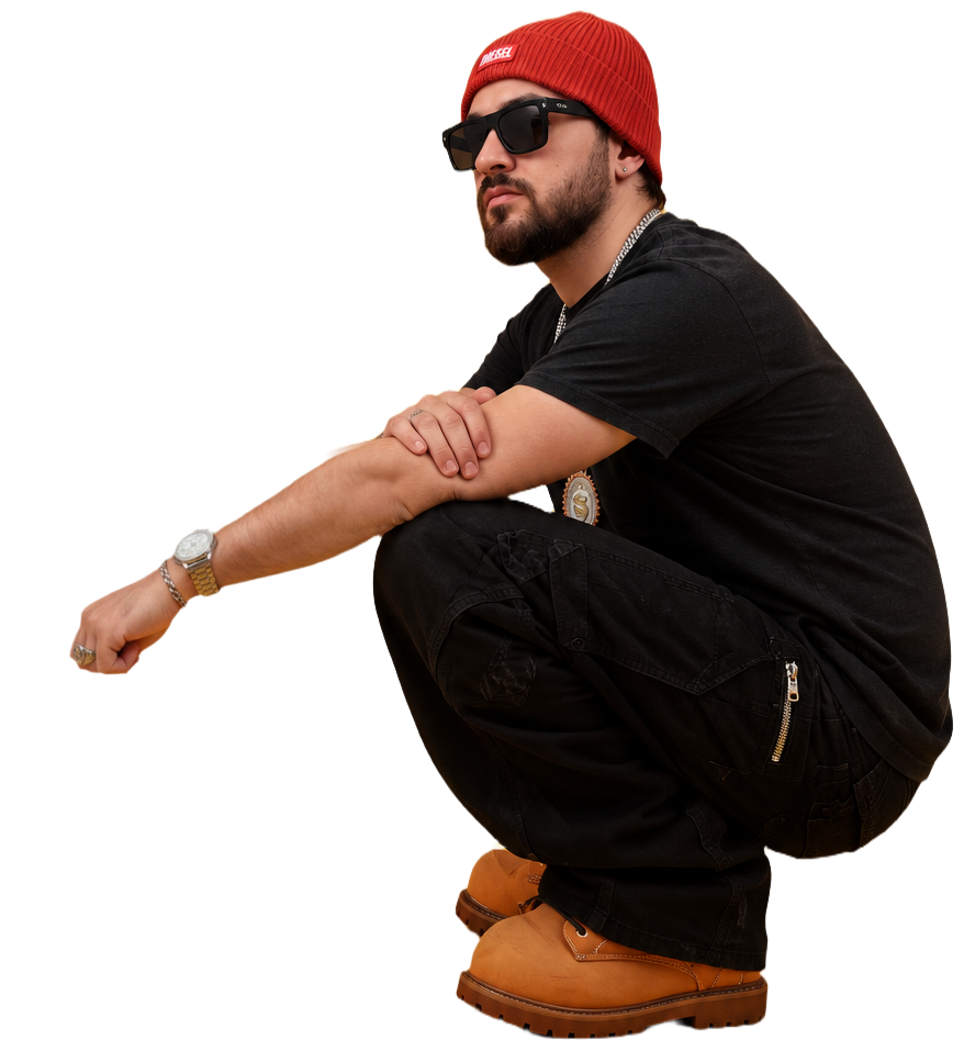 Pink92 wearing a red beanie, sunglasses, and chains