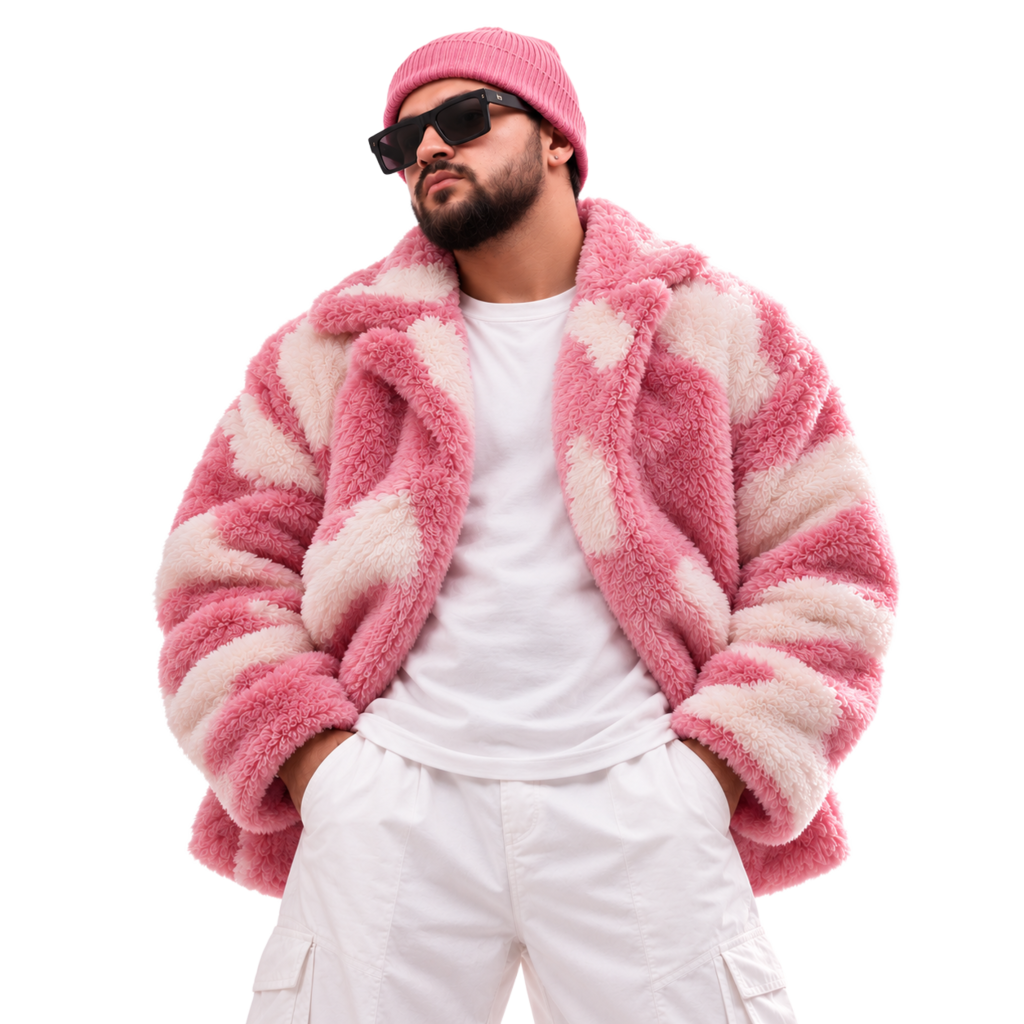 Pink92 in a pink beanie and pink sherpa jacket with flowers over his sunglasses, blending into the clouds