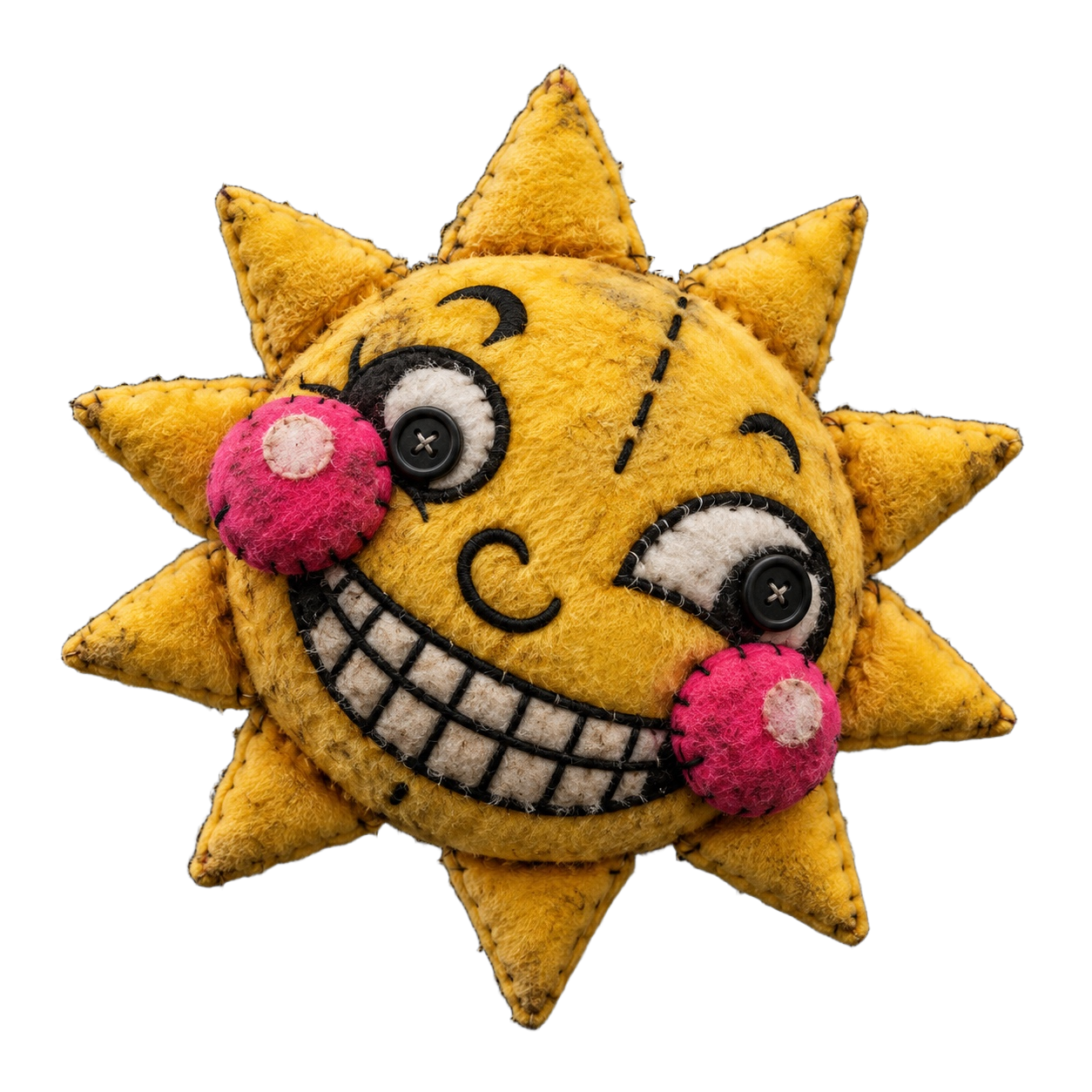 Yellow patchwork sun face with pink cheeks and a chattering grin